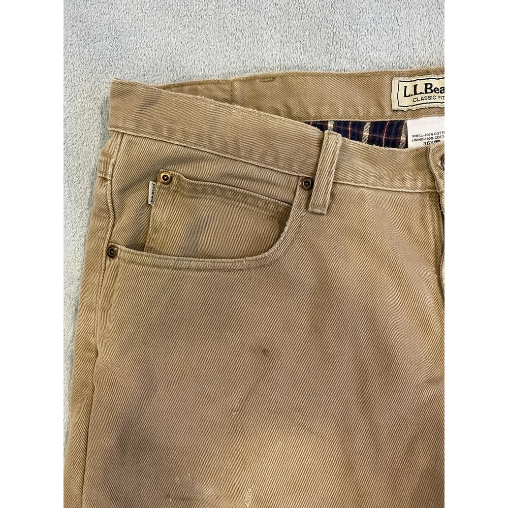 LL Bean Pants Mens 36 Beige Tan Cotton Flannel Lined Khakis Slacks 36x29